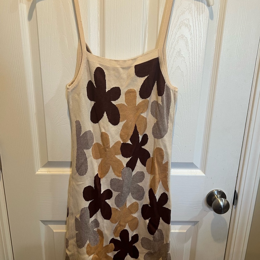 SHEIN Cream Knit Slip Dress with Brown and Gray Floral Print